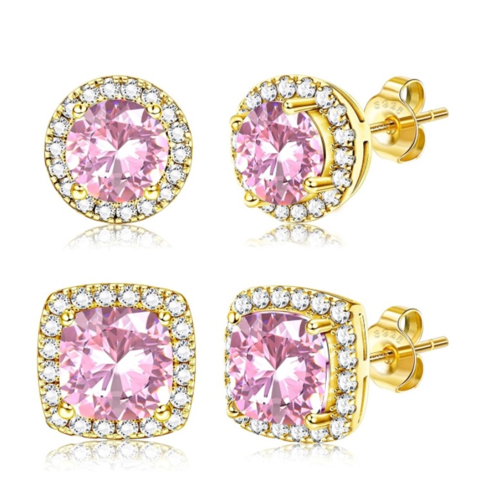 14K Gold - 925 Sterling Silver Unisex Pink Faceted Diamond Cut CZ Stud Earrings
